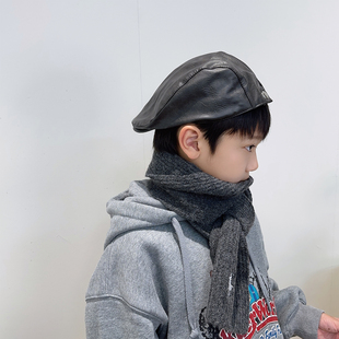 4个色男童秋冬贝雷帽儿童帽子PU皮洋气出游英伦休闲画家帽前进帽