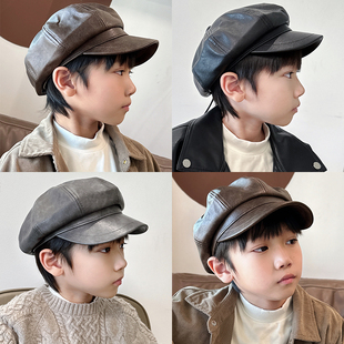NEWDAKID秋冬儿童帽子中大童贝雷帽男童女童皮质八角帽复古画家帽