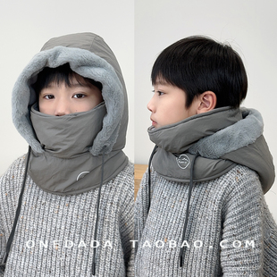 儿童帽子冬加厚加绒口罩围脖套头帽男女童户外防风电瓶车骑行保暖