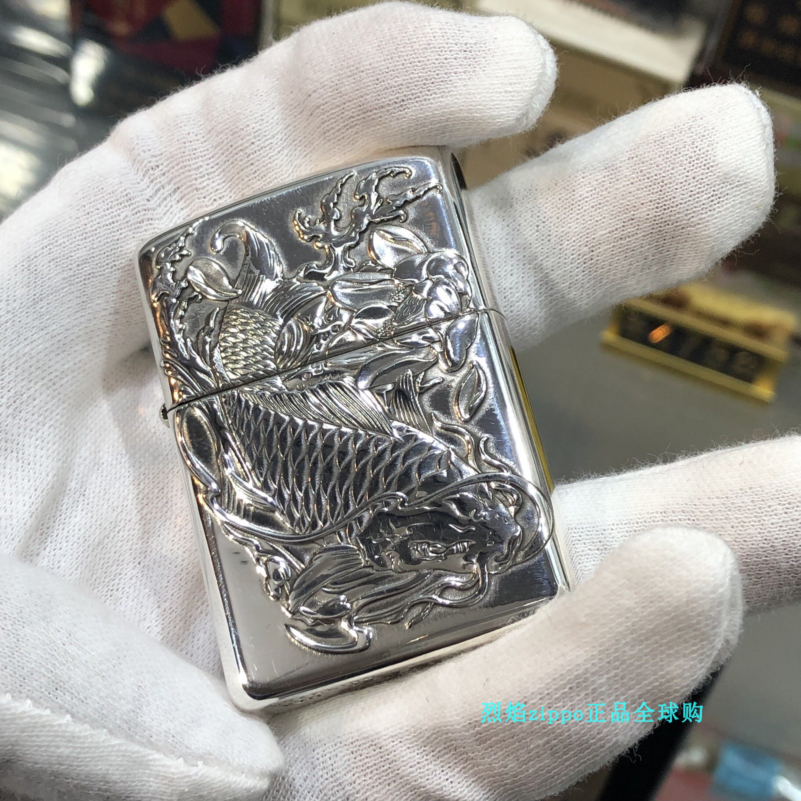 zippo防风打火机正品纯银盔甲蚊版年年有鱼浮雕富贵鱼跃龙门送礼
