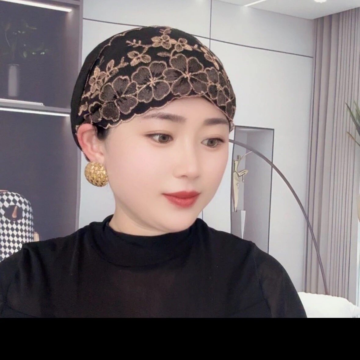 洋气绣花四季白发包头刺绣时尚花朵蕾丝盘发帽子女款新款头巾