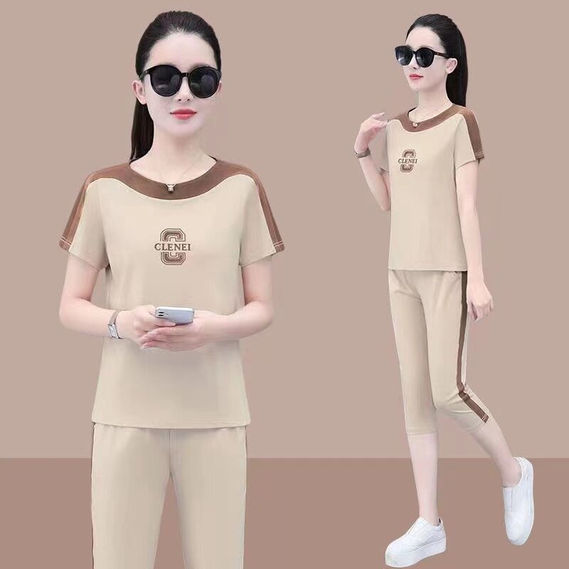 冰丝运动服套装女夏季2025新款时尚洋气减龄休闲短袖七分裤两件套