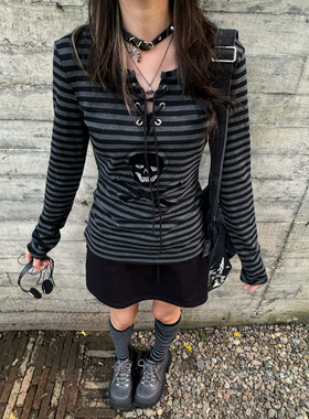 Steam Fish原创复古街头亚感条纹圆领抽绳绑带修身收腰打底衫上衣