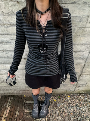 Steam Fish原创复古街头亚感条纹圆领抽绳绑带修身收腰打底衫上衣