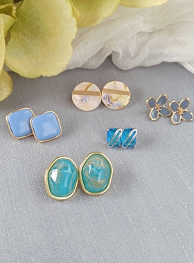 【蓝色合辑】不规则港风时尚s925银针耳钉气质清透春夏镀真金潮流