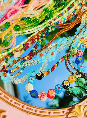 多巴胺项链手工串珠千花琉璃梅心散珠玻璃珠子串珠项链