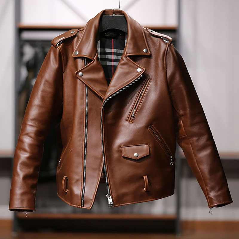 牛皮夹克斜拉链真皮皮衣翻领机车