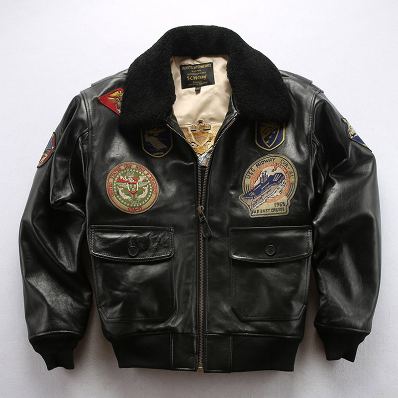 G1加肥加大码夹棉欧美真皮飞行服夹克男刺绣加厚新西兰绵羊皮皮衣