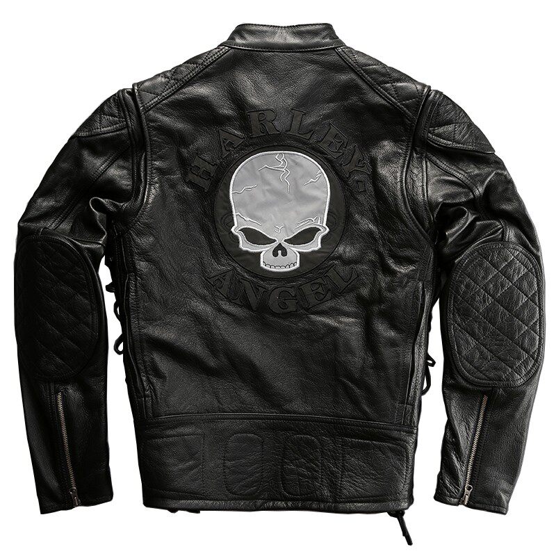 哈雷机车服真皮皮衣 男头层牛皮夹克 夜间反光骷髅款立领短款外套