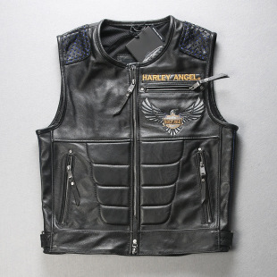 型头层牛皮皮衣美式 刺绣鹰修身 马夹 男 哈雷摇滚机车真皮马甲