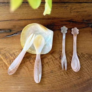 天然珍珠母贝勺子复古叉勺餐具咖啡搅拌勺甜品叉贝壳调羹鱼子酱勺