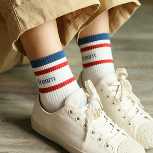 秋冬运动袜白色两条杠袜子女短袜条纹袜日系女袜棉袜学生袜子中筒