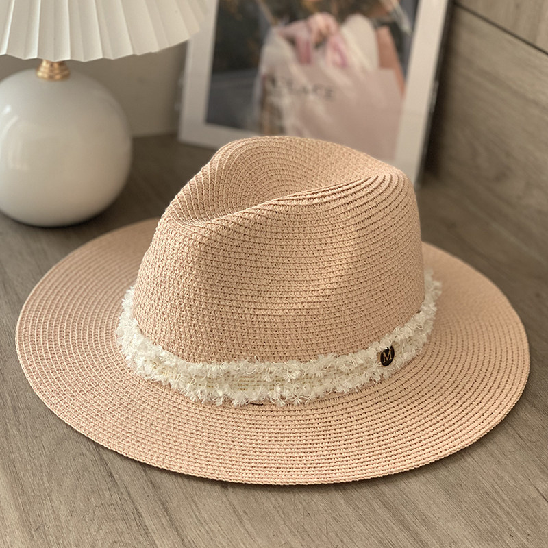 夏季帽子简约巴拿马礼帽子小众洋气粉色爵士草帽逛街沙滩平檐帽子