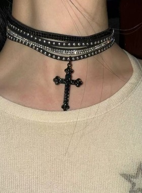 原创自制多层镶钻铆钉朋克小众摇滚十字架项链锁骨链颈链饰品