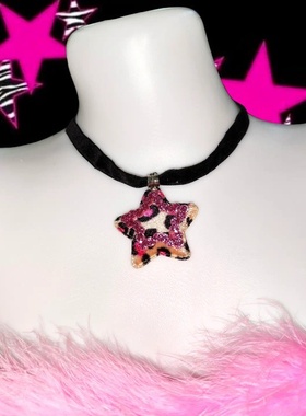 原创设计2000s涩谷辣妹y2k原宿十字架豹纹星星毛绒颈链项链项圈女