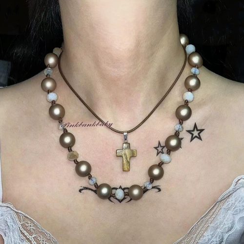 原创设计y2k双层小众个性夸张美拉德手作天然图画石十字架项链女