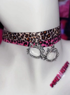 pinkbankbaby原创手作y2k涉谷辣妹豹纹镶钻猫咪吊坠项圈choker