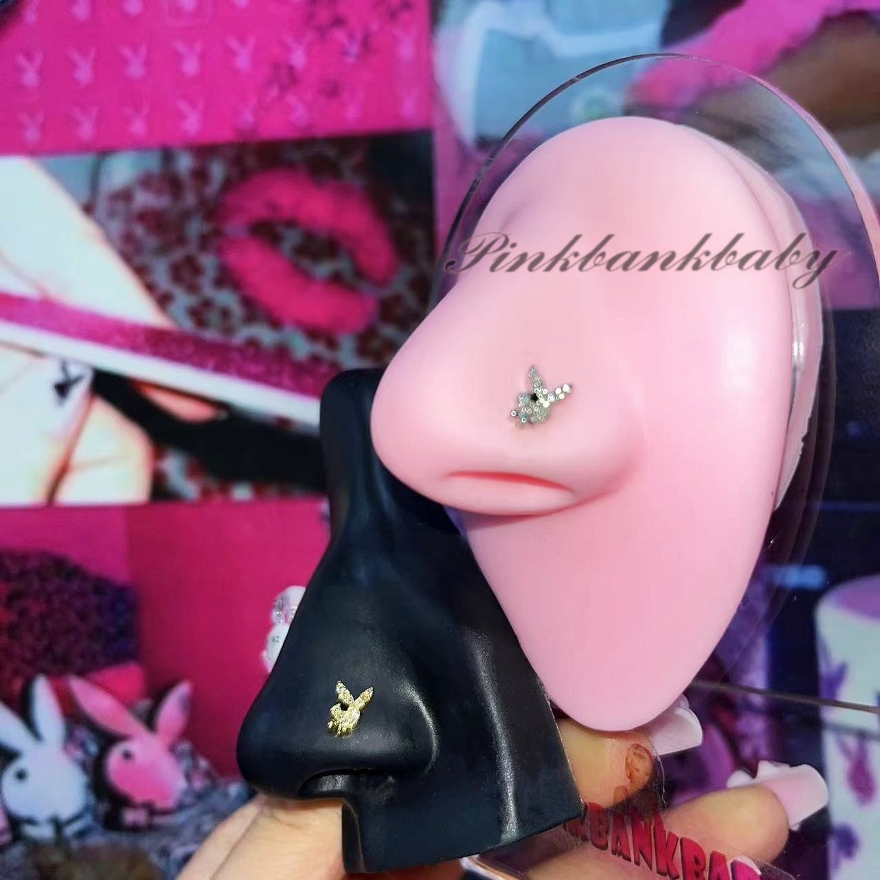 pinkbankbaby自制ins涉谷辣妹y2k兔子铜镶钻钛钢L杆鼻钉穿孔饰品