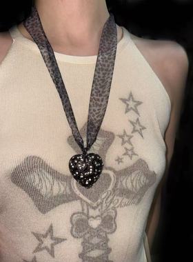 原创自制y2k手作小众个性复古网纱豹纹爱心镂空锁骨链长款项链女