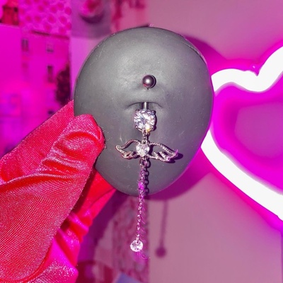SILVER CLEAR GEM DANGLING HEART ANGEL WINGS BELLY RING