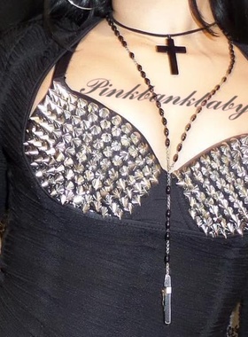 pinkbankbaby原创自制哥特朋克亚文化黑曜石十字架牛皮项圈颈链