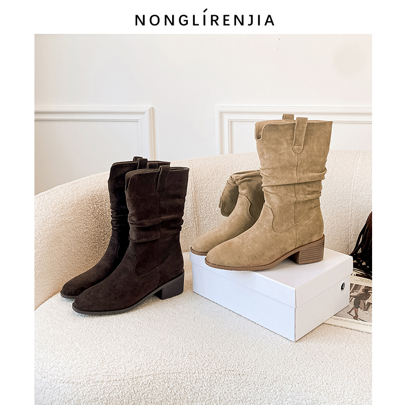 弄里人佳大码女鞋41-43码长靴25冬新款粗跟堆堆靴中筒靴瘦瘦靴