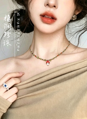 森系橄榄石蘑菇项链小众设计感天然石串珠锁骨链春夏清新叠戴颈链