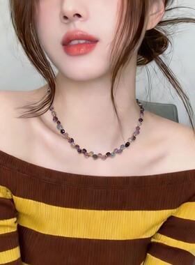 天然淡水珍珠项链天然彩萤石项链小众高级感锁骨颈链节日礼物