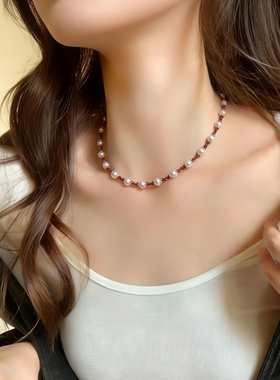 天然淡水珍珠项链搭配石榴石法式复古choker 显白高级感锁骨颈链