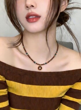 「可可甜甜圈」串珠项链撞色彩色巧克力棕复古甜酷ins风锁骨链女