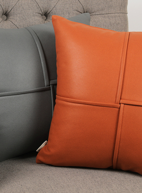 马仕橙色科技布仿皮沙发靠垫轻奢抱枕套可拆洗防水汽车腰枕靠定制