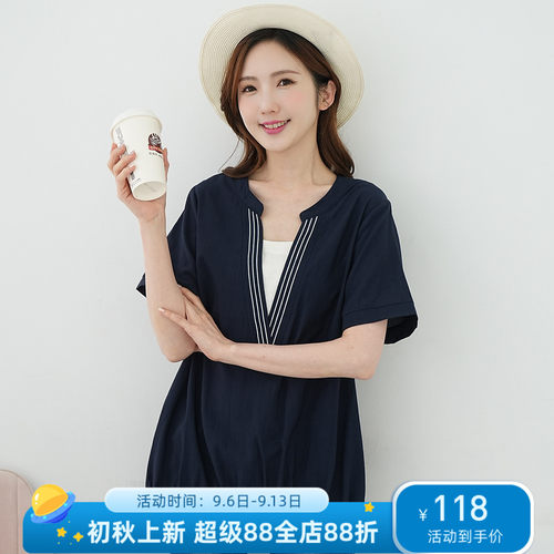 气质V领棉麻假两件胖mm夏装短袖