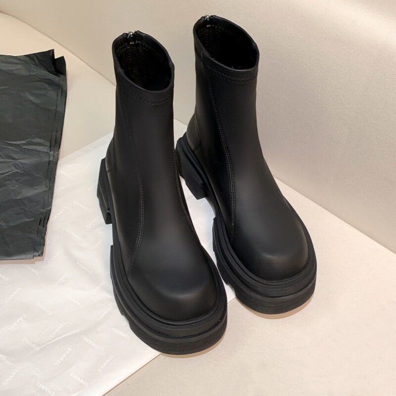 2024秋冬新款马丁靴英伦风棕色中筒弹力靴厚底松糕瘦瘦靴女短靴