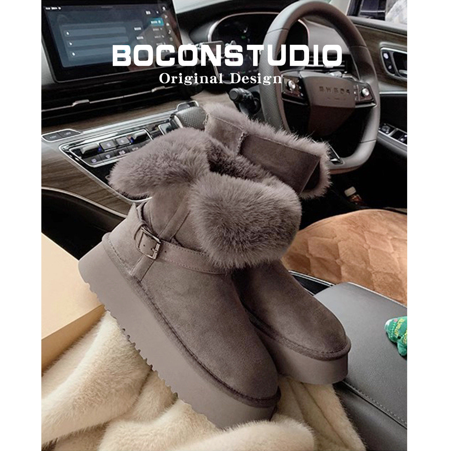 内增高~灰色雪地靴女加绒毛毛冬季保暖雪地棉鞋中筒厚底长筒靴子,女鞋,时尚雪地靴,淘宝优惠券,粉丝福利购,淘宝优惠卷