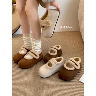 南在南方魔术贴平底勃肯棉鞋女款2025新款冬季加绒玛丽珍毛毛鞋子