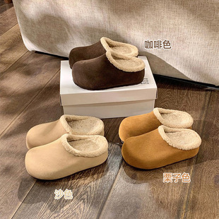 真皮羊羔毛小土豆雪地靴~6cm厚底保暖加绒毛毛包头勃肯拖鞋女半拖
