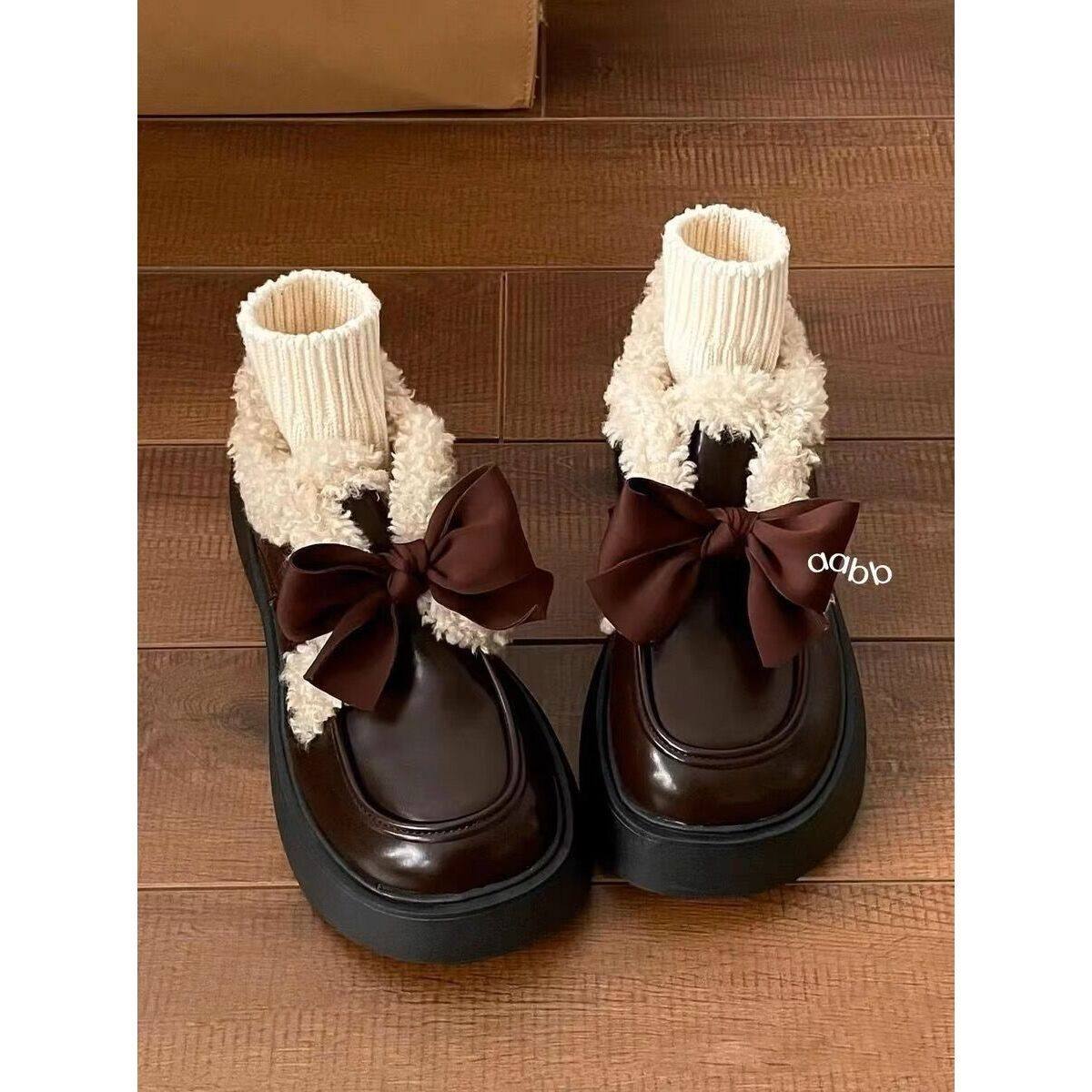 厚底松糕蝴蝶结加绒小皮鞋女2025年冬季乐福鞋保暖百搭英伦风棉鞋,女鞋,深口单鞋,淘宝优惠券,粉丝福利购,淘宝优惠卷