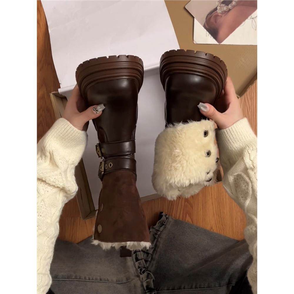棕色覆古英伦厚底加绒马丁靴女款2025新款冬季保暖加厚雪地短靴子