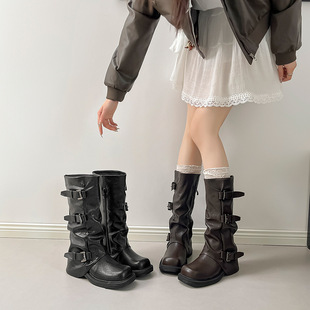 内增高靴子厚底皮带扣裤管靴中筒靴2025新款粗跟堆堆靴骑士靴短靴