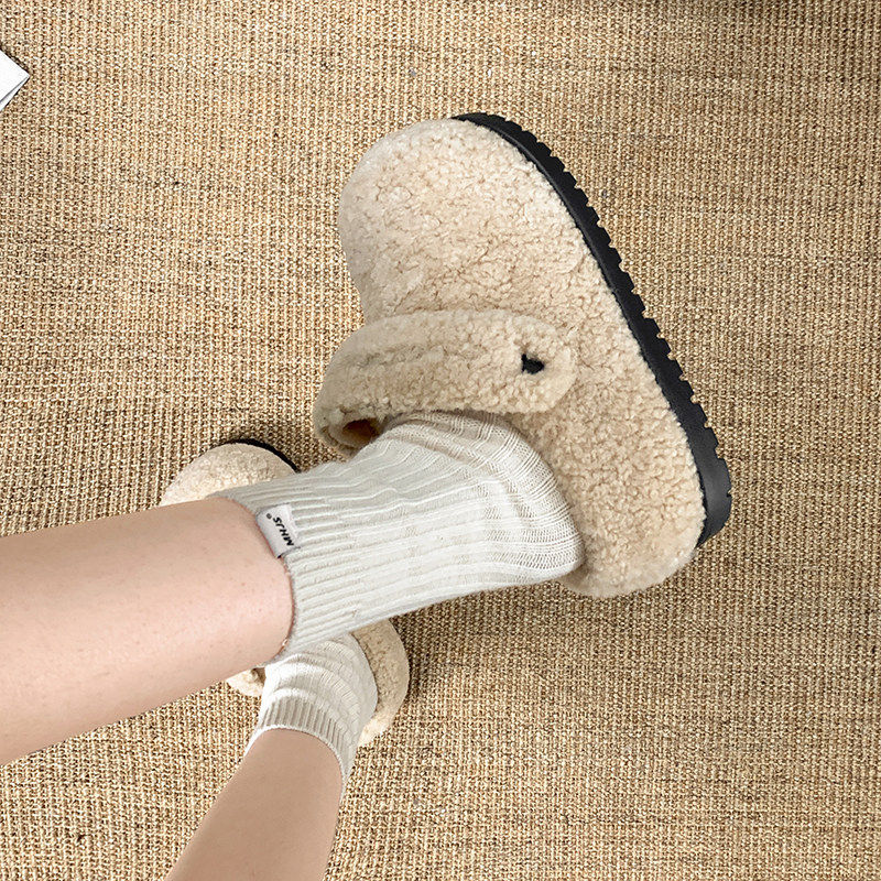 白色包头厚底毛毛拖鞋女外穿2025新款秋冬加绒保暖一脚蹬勃肯棉鞋