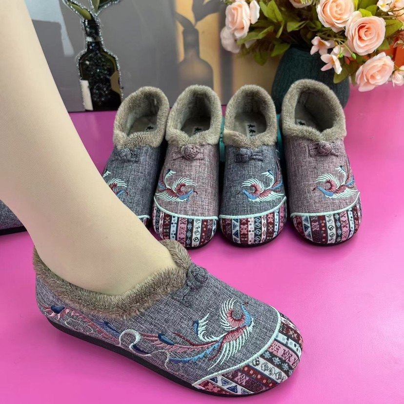 老北京布鞋女士棉鞋加绒防滑舒适平底妈妈鞋冬季奶奶款软底毛毛鞋