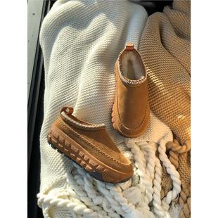 2025新款冬季民族风厚底轮胎底雪地靴女皮毛一体一脚蹬防滑低帮靴