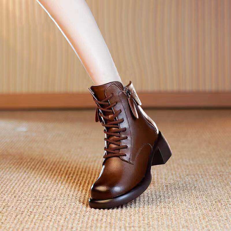 2025真皮加绒秋冬新款女士粗跟法式复古马丁靴英伦风厚底时尚短靴