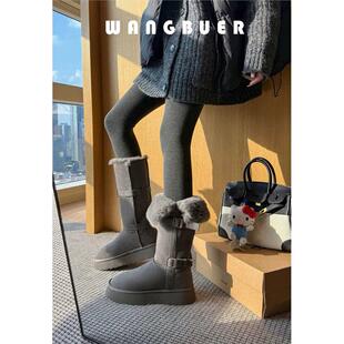 灰色长筒雪地靴女内增高8cm皮毛一体加厚保暖防滑厚底两穿骑士靴