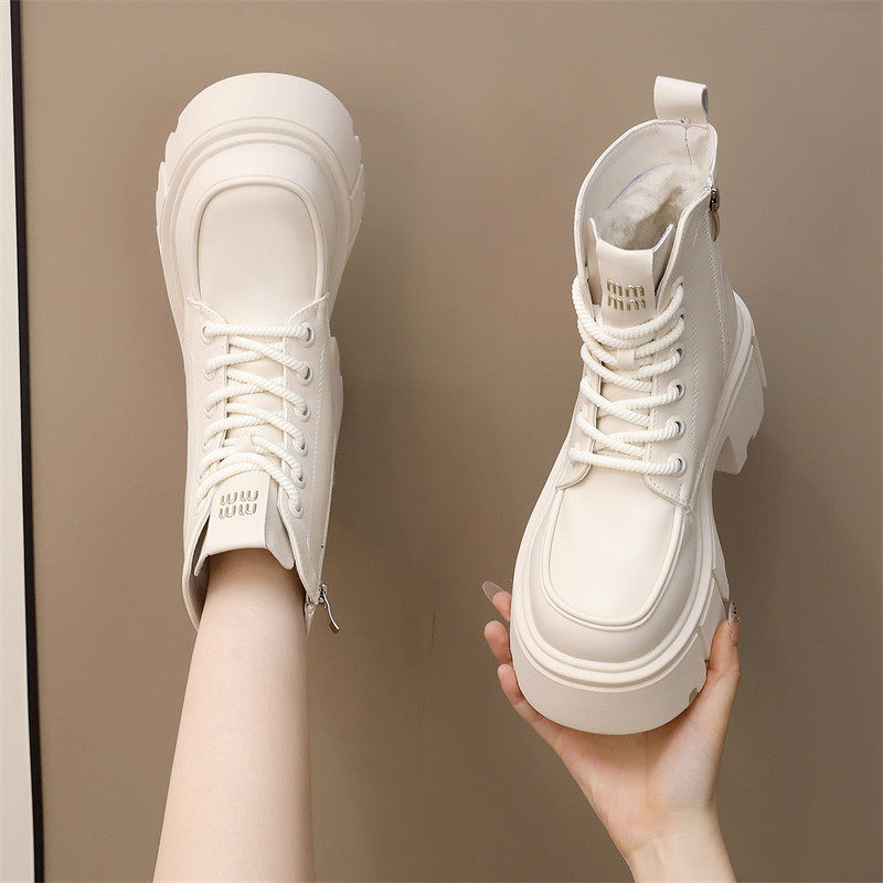 白色高筒马丁靴女2024新款秋冬季加绒时尚百搭厚底短靴增高小个子