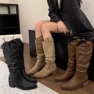 韩版粗跟复古棕色V口堆时装靴