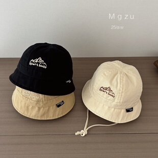 2025秋冬儿童山系刺绣渔夫帽男女童系带休闲盆帽宝宝百搭遮阳帽子