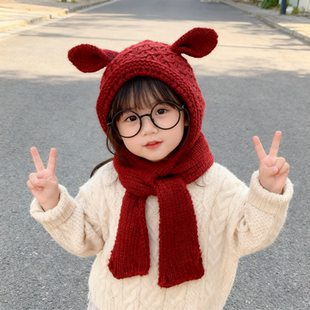 儿童帽子红色喜庆毛线帽秋冬款围巾一体女童针织护耳帽加绒保暖帽