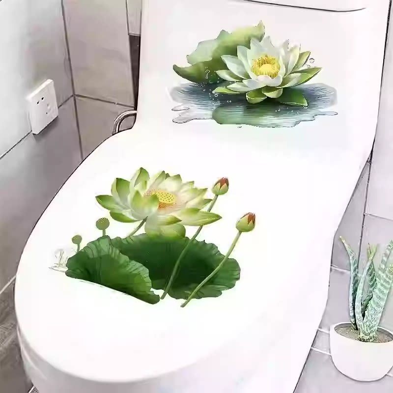 卫生间马桶盖青色莲花清新浴室厕所马桶盖贴纸防水自粘墙体装饰贴