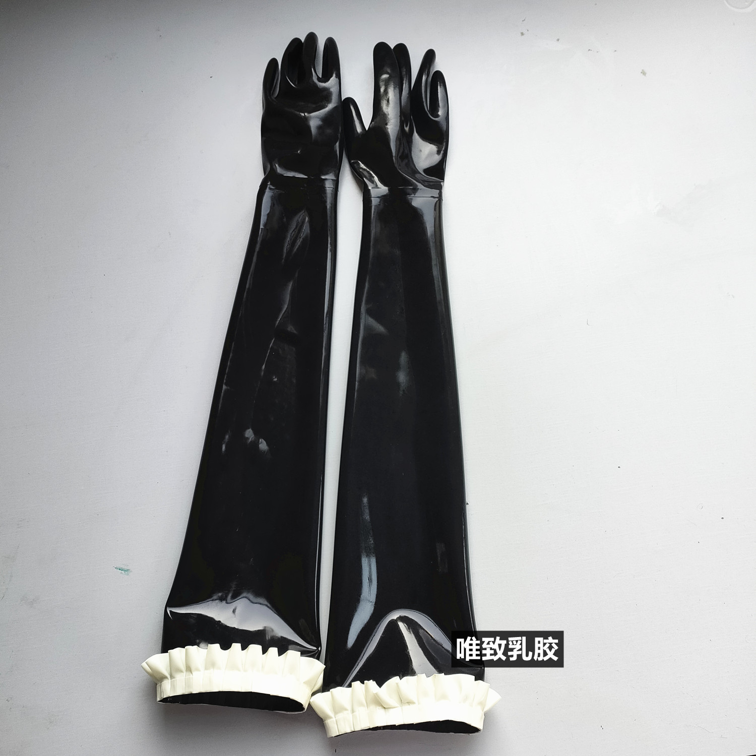 Latex gloves 纯天然乳胶长手套到大胳膊紧身光滑黑色花边可定做